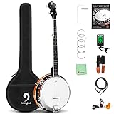 Vangoa Banjo 5 String Acoustic Electric Full Size Closed Back Set with Mahogany Resonator Remo Head Banjoe 24 Brackets with Geared 5th Pegs for Beginners Adults