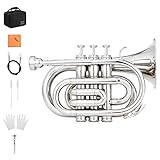Eastar Pocket Trumpet B Flat for Beginners Students, Brass Trumpet Mouthpiece 7C, Cleaning Kit, Hard Case, Gloves, ETR-330N, Nickel
