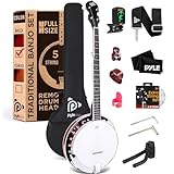 Pyle Banjo Kit with Remo Head and Sapele Resonator, 39' Full Size Traditional Open or Closed Back 5 String Instrument with 24 Brackets, Geared 5th Tuner, Premium Accessory Kit (Red Burst)