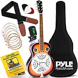 Pyle Electro Resophonic Acoustic Electric Guitar Set, Full Size Round Neck Traditional Resonator, Built-in Pre Amplifier, White