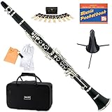 Mendini by CECILIO MCT-E+SD+PB Black B Flat Clarinet with Case, Stand, Pocketbook, Mouthpiece, 10 Reeds and More