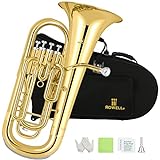 ROWELL Euphonium 4 Valves Bb Brass Lacquer Gold 4 Stainless Steel Pistons Intermediate Advanced Euphonium with Case Gloves and Polishing Cloth