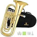 ROWELL Euphonium 4 Valves Bb Brass Lacquer Gold 4 Stainless Steel Pistons Intermediate Advanced Euphonium with Case Gloves and Polishing Cloth